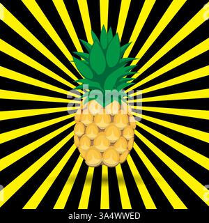 3d colorfull Pineapples fruit contour abstract seamless pattern on yellow sunburst background wallpaper. Stock Vector