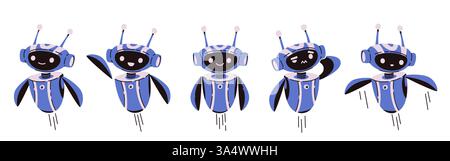 Cute chatbot AI characters set in blue color. Friendly robot assistants with different emotions - happy, smiling, laughing and confused. Chat bot avatars for customer support, virtual help service. Stock Vector