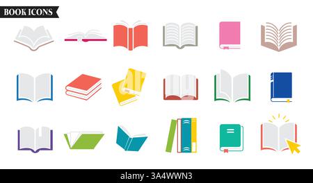 Books icon colorful clipart set. Textbook drawing icons clip art in open and closed pictogram school library elements multicolored collection vector Stock Vector