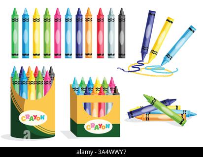 Crayons colorful clipart set. Wax crayons art school elements clip art color supplies for drawing, marker, artistic material and paint tool collection Stock Vector