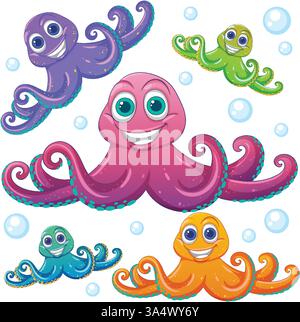 Smiling octopuses swimming with bubbles in the ocean Stock Vector