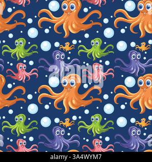 Vibrant octopuses and bubbles in a seamless design Stock Vector