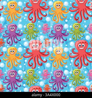 Vibrant octopuses with bubbles in a playful design Stock Vector