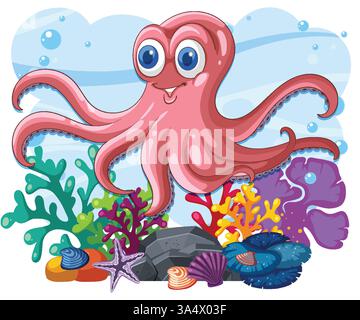 Smiling octopus surrounded by colorful sea life Stock Vector