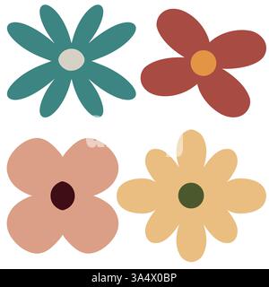Colorful Abstract Floral Art with Four Simplistic Unique Flowers Stock Vector