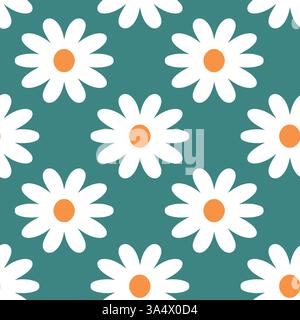 Seamless Pattern Featuring White Daisies on a Teal Background Design Stock Vector