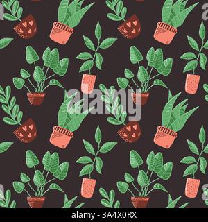 Seamless Pattern of Potted Plants in Artistic Hand-Drawn Style.  Stock Vector