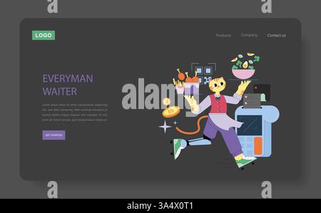 Everyman Waiter concept. This illustration captures a whimsical character serving food in a dynamic restaurant setting. It highlights the balance of service and charm in the hospitality industry, showcasing efficiency and a spirited atmosphere. Vector illustration. Stock Vector