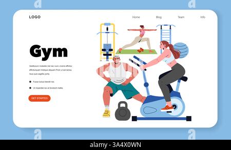 Modern gym illustration with individuals engaging in fitness activities. Features gym equipment and a healthy environment promoting a balanced lifestyle. Encourages physical activity and wellness pursuits. Vector illustration. Stock Vector