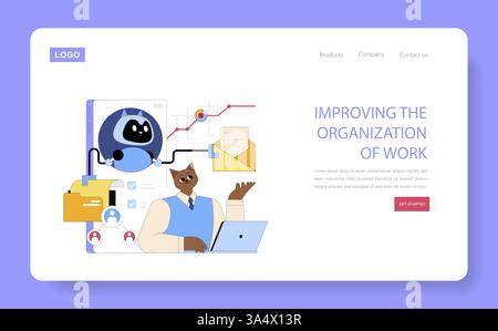AI assistant for work improvement and organization. A friendly digital companion interacts with a professional, showcasing efficient workflow solutions and data management. Vector illustration. Stock Vector
