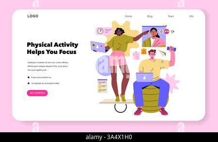ADHD friendly illustration emphasizing the benefits of physical activity for focus. It features diverse individuals engaging in tasks while incorporating exercise, promoting a proactive approach to concentration. Stock Vector