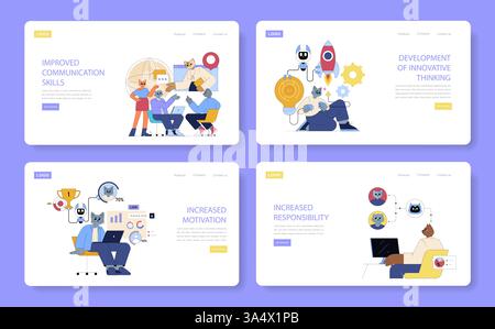 AI in the workplace enhances communication, innovation, motivation, and responsibility. This illustration portrays collaborative team dynamics, creative problem-solving, and performance improvement through AI. Stock Vector