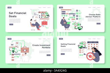 Robot Adviser set. Engaging illustrations depicting a robot assisting users in setting financial goals, creating investment portfolios, and choosing platforms. The combination promotes digital financial management. Vector illustration. Stock Vector