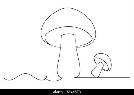 Mushroom one line art drawing minimalist Fungi isolated continuous outline vector illustration Stock Vector