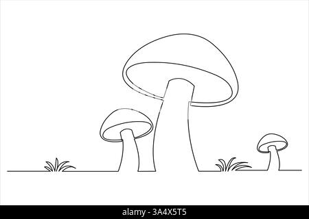 Mushroom one line art drawing minimalist Fungi isolated continuous outline vector illustration Stock Vector