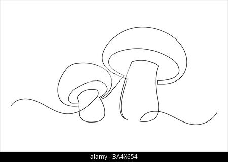 Mushroom one line art drawing minimalist Fungi isolated continuous outline vector illustration Stock Vector