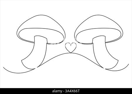 Mushroom one line art drawing minimalist Fungi isolated continuous outline vector illustration Stock Vector