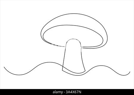 Mushroom one line art drawing minimalist Fungi isolated continuous outline vector illustration Stock Vector