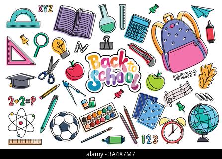 Back to school outline colorful clipart set. School elements drawing supplies clip art like book, ruler, pencil, scissors, crayons and bag educational Stock Vector