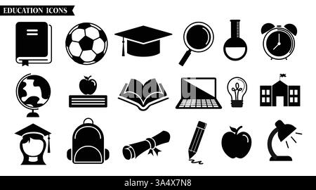 School education icons silhouette clipart set. School elements drawing clip art like book, ball, bag, clock, laptop and pencil black silhouette items Stock Vector