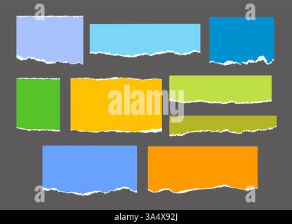 Set of paper note ripped strips on dark background. Paper page scraps with torn edges. Stock Vector