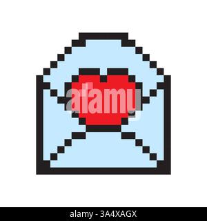 Pixel envelope shape. Red heart detail. Vector love icon. Retro pixel style. Stock Vector