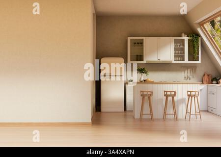 Minimalist modern style kitchen or dining room with natural light from the roof window. Cosy style interiors. 3D rendering, 3D illustration. Stock Photo