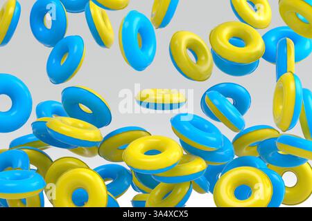 Many of flying inflatable ring for swimming pool isolated on white background. 3d render of summer vacation concept and holidays Stock Photo