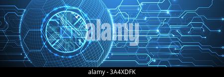 Abstract image of a computer chip in the middle of a wireframe sphere on a blue gradient. Vector Stock Vector