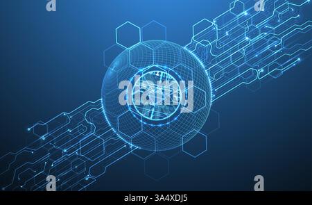 Abstract image of a computer chip in the middle of a wireframe sphere on a blue gradient. Vector Stock Vector