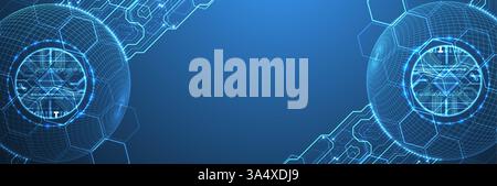 Abstract image of a computer chip in the middle of a wireframe sphere on a blue gradient. Vector Stock Vector