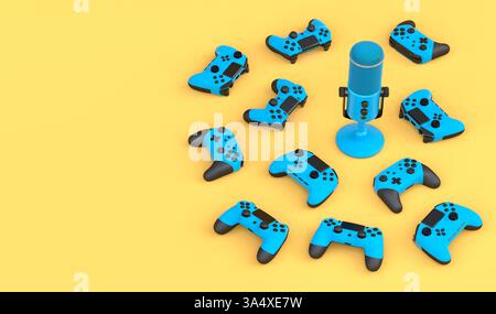 Top view gamer gears like joystick and microphone on yellow background. 3d render of accessories for live streaming concept Stock Photo