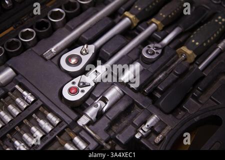 Background with car tool set with ratchets and sockets Stock Photo