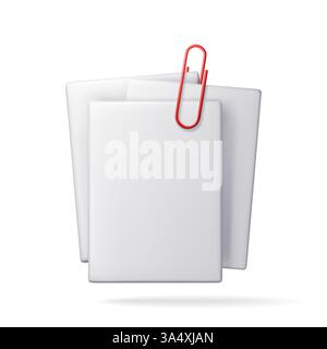 3D empty paper sheets hanging with paper clip isolated. Render white blank paper page with clip icon. Education and work. Stationery and office supply Stock Vector