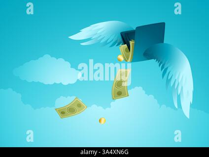 Flying wallet losing money. Symbolizing financial loss, missed opportunities, inflation, overspending, economic struggles, poor money management and h Stock Vector