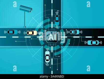 Vector illustration of an AI-driven smart traffic system with autonomous cars, wireless signals, and a central AI hub. Represents self-driving technol Stock Vector