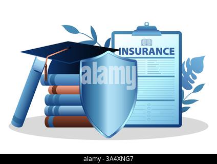 Shield with a book, toga hat, and insurance document in the background, representing education and protection. Ideal for concepts like academic and st Stock Vector