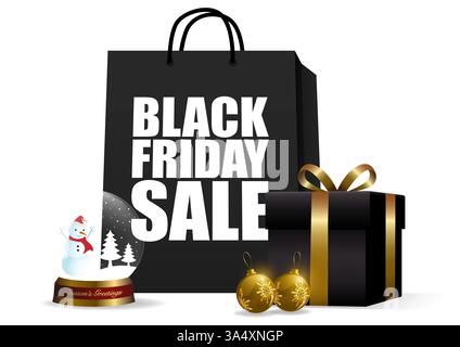 Black shopping bag, golden snow globe, black gift box and Christmas ornaments set against a white background for Black Friday design element Stock Vector