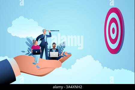 Giant hand supporting a businessman with a telescope, alongside a business team on a laptop aiming at a target icon. Concepts of strategic vision, tea Stock Vector