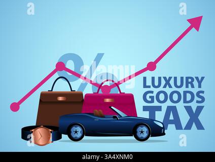 Luxury goods, including watch, branded bags, and sport car, placed alongside a rising red arrow graph. Represents the concept of increasing taxes on l Stock Vector