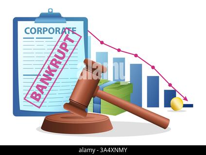 Corporate bankruptcy declared by the court, featuring a document stamped BANKRUPT, a gavel, a declining chart, and money. Represents financial crisis. Stock Vector
