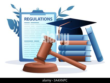 Gavel justice hammer with toga hat, books icon and regulations document on the background, education standards regulation concept Stock Vector