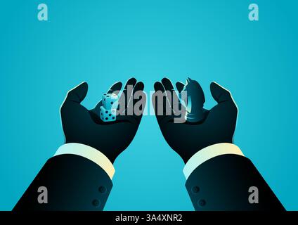 Businessman’s hand offering dice for gambling and a knight chess piece for strategy, symbolizing business decisions, risk-taking, and strategic planni Stock Vector