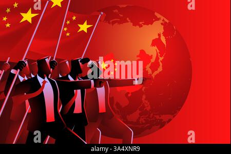 Group of confident businessmen proudly holding the China flag and pointing forward, with a China map globe in the background. Global ambition. Stock Vector