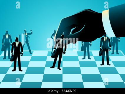 Giant hand placing his employees on chessboard, concepts of placing the right employees in the ideal roles, the process of optimizing human capital Stock Vector