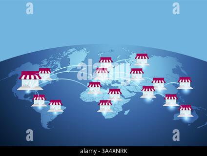 Global restaurant chain expansion with connected storefronts on a world map, symbolizing franchising, brand growth, and international market presence Stock Vector