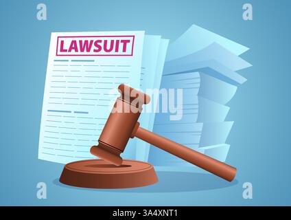 Vector illustration featuring a gavel alongside lawsuit documents. Ideal for legal, law firm, justice, legal proceedings, judiciary. Stock Vector