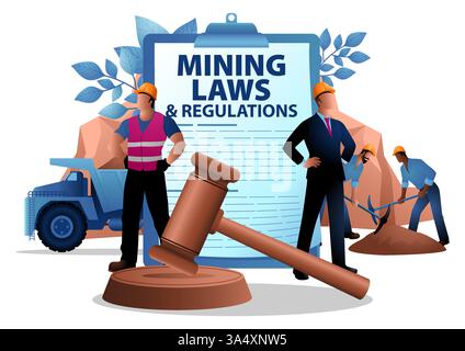 Legal compliance in the mining industry, industrial law enforcement, environmental regulations, resource extraction policies. Stock Vector