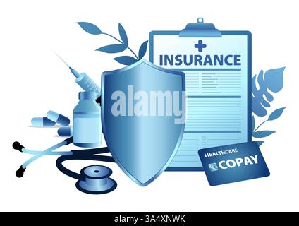 Shield with a stethoscope, medicine, capsules, and syringe with a healthcare copay card. Concept for health insurance, medical services. Stock Vector