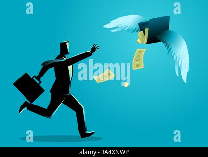 Businessman reaching for a wallet that flies away. Symbolizing financial difficulties, rising expenses, economic crisis, inflation, personal finance s Stock Vector
